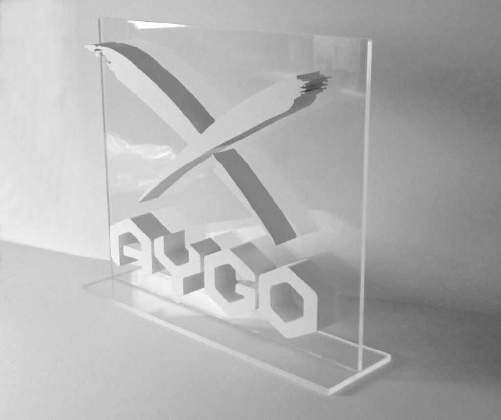 styrofoam logo on clear acrylic stand